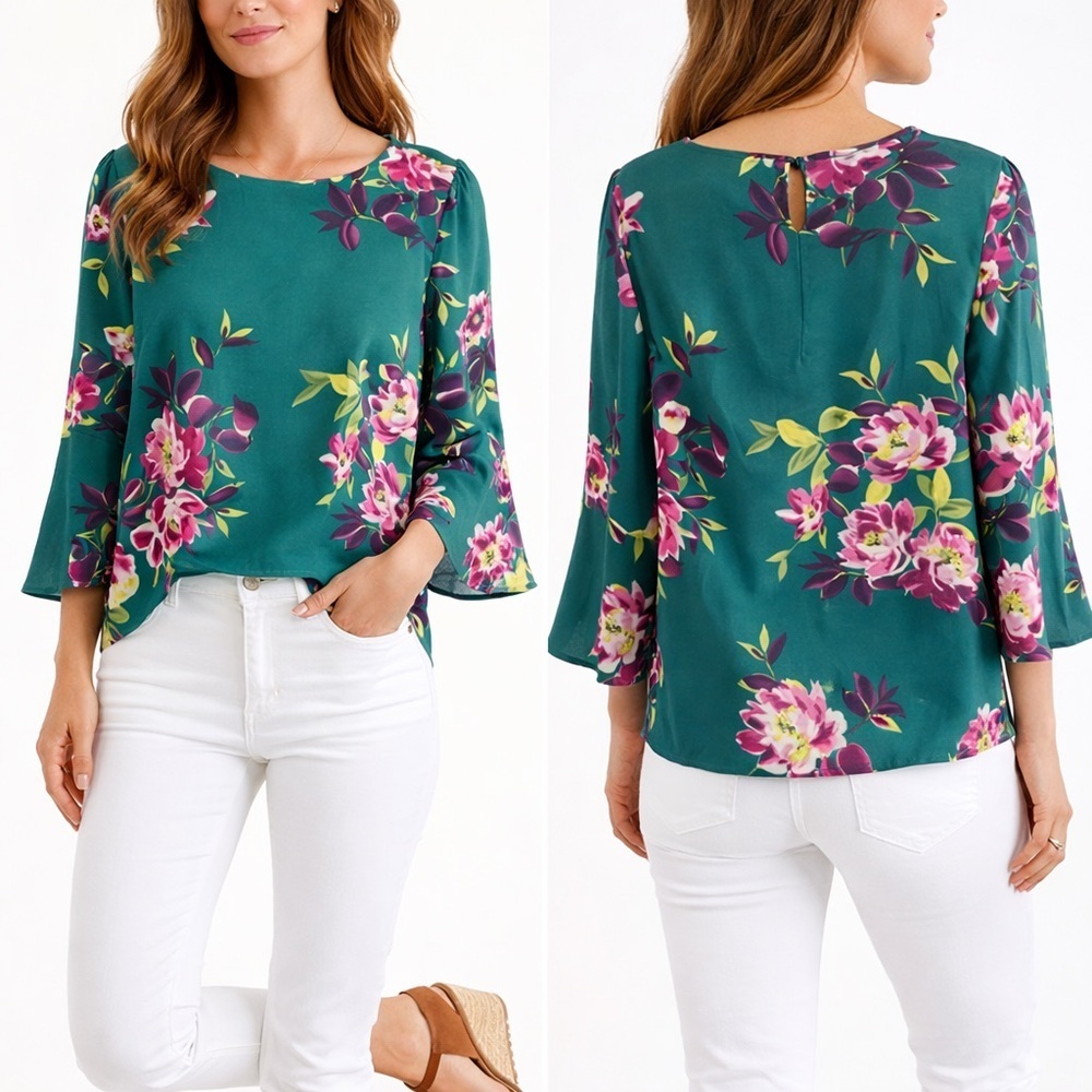 Eliane Rose Green/Pink Floral Blouse Keyhole Back Bell Sleeve Sz Large - Picture 4 of 9